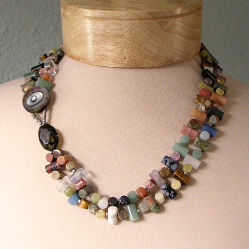 Artisan Custom Statement Double Strand Multi Stone Necklace with Button Closure